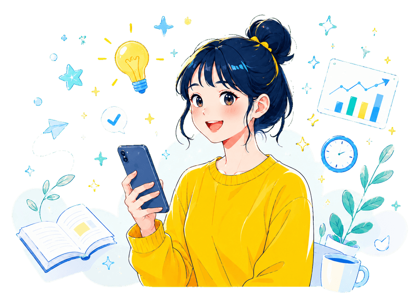 スマホを持って喜ぶ黄色いパーカーの女性